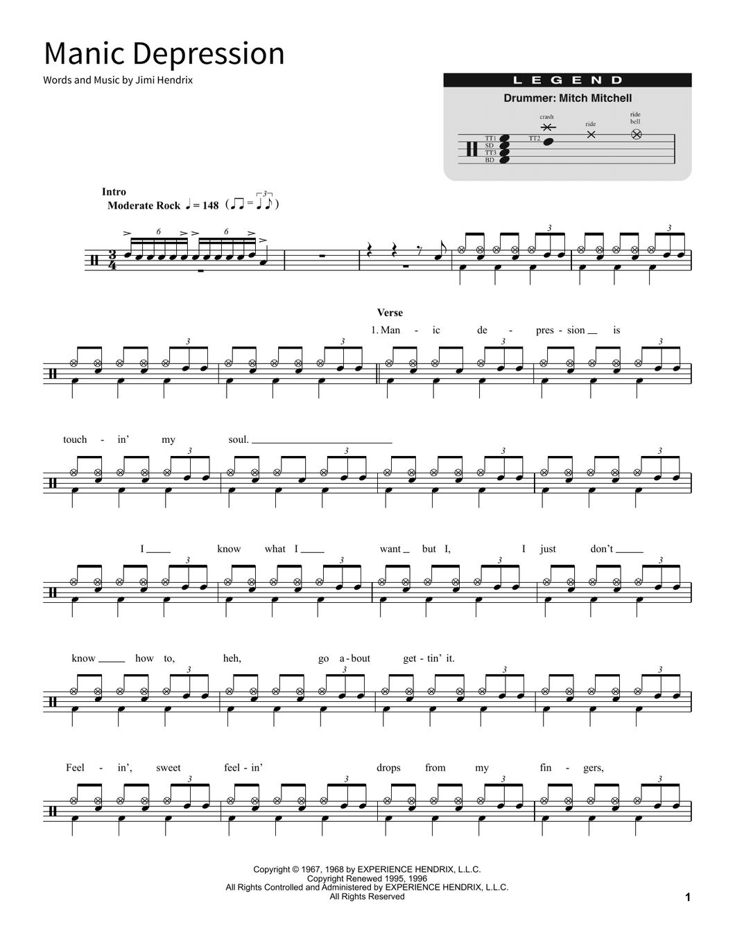Manic Depression - Jimi Hendrix - Full Drum Transcription / Drum Sheet Music - SheetMusicDirect SORD