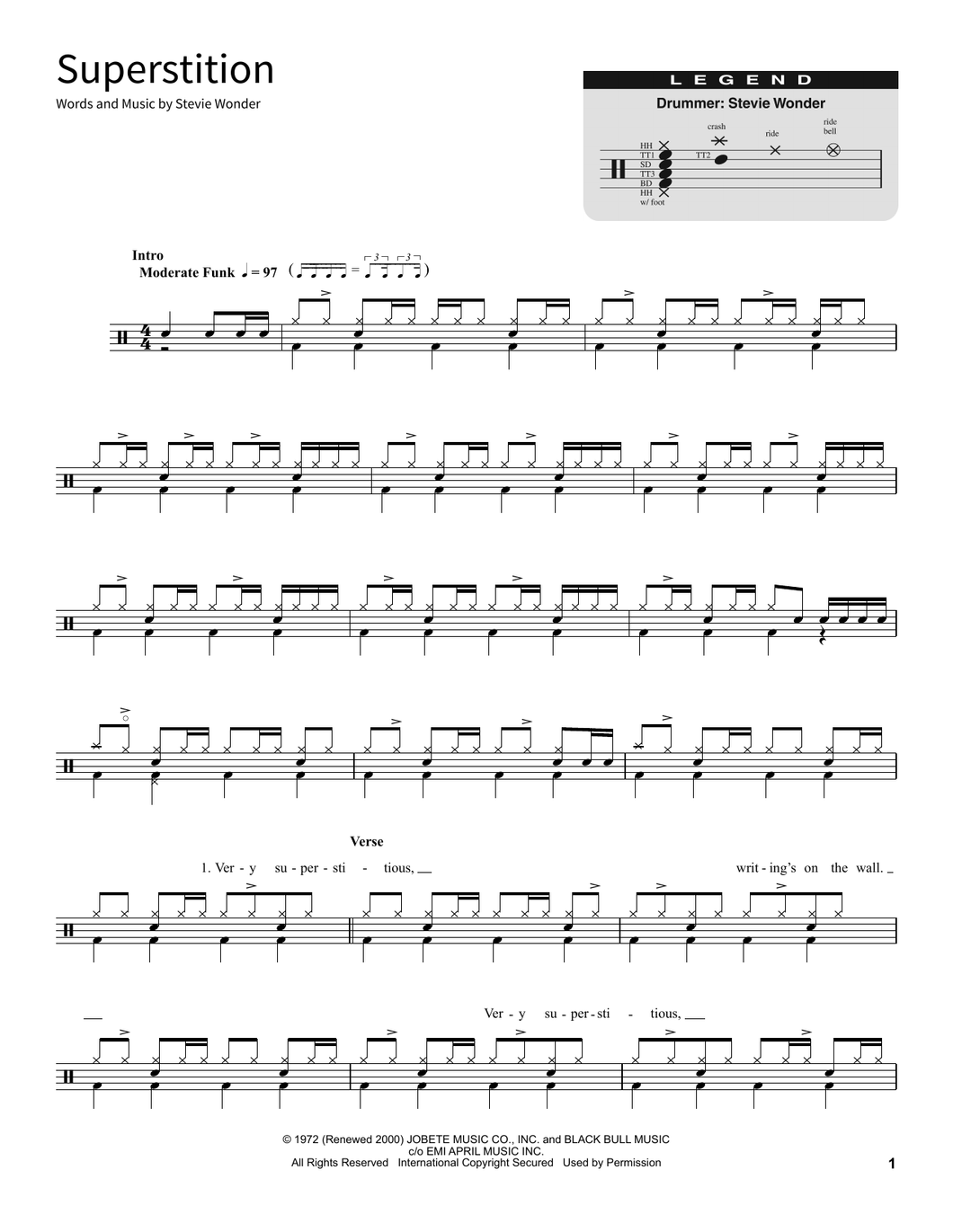 Superstition - Stevie Wonder - Full Drum Transcription / Drum Sheet Music - SheetMusicDirect SORD