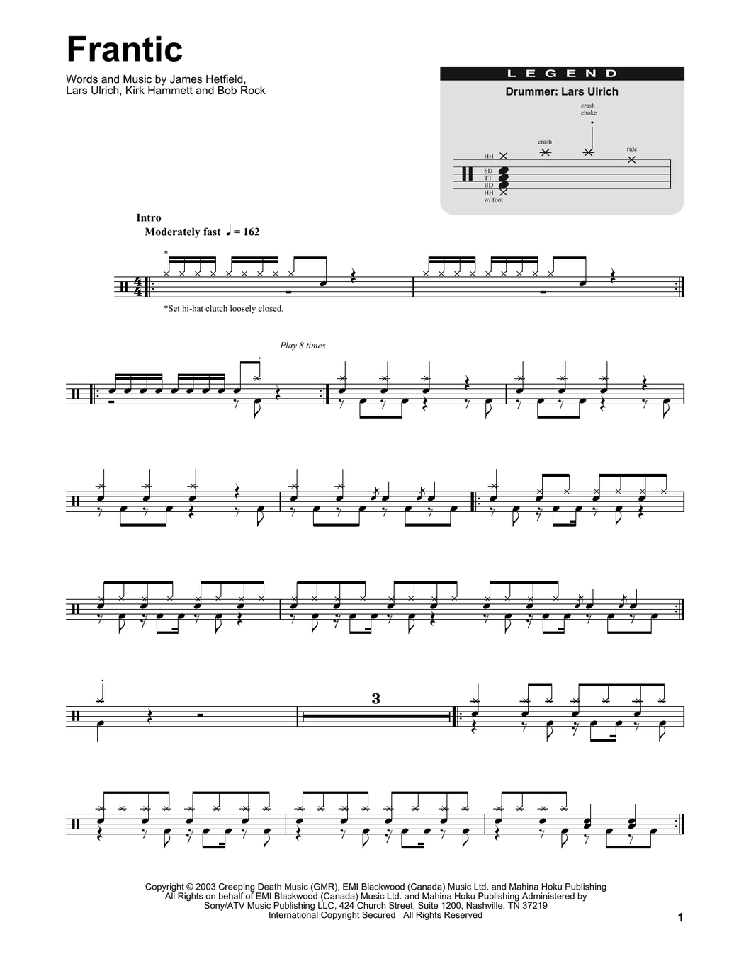 Frantic - Metallica - Full Drum Transcription / Drum Sheet Music - SheetMusicDirect DT253890