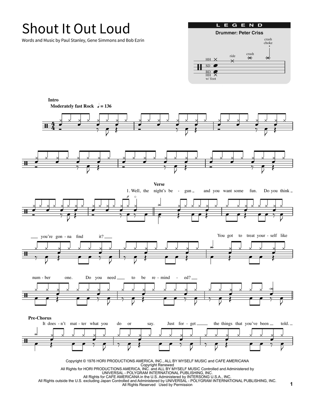 Shout It Out Loud - Kiss - Full Drum Transcription / Drum Sheet Music - SheetMusicDirect SORD