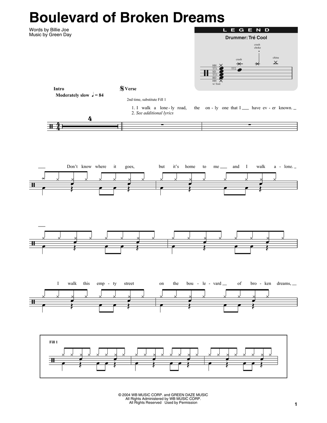 Boulevard of Broken Dreams - Green Day - Full Drum Transcription / Drum Sheet Music - SheetMusicDirect DT