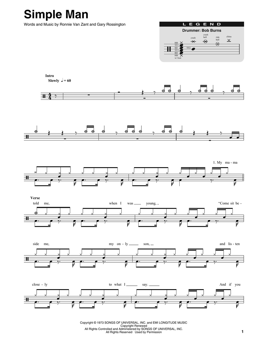 Simple Man Lynyrd Skynyrd Drum Sheet Music SheetMusicDirect DT DrumSetSheetMusic