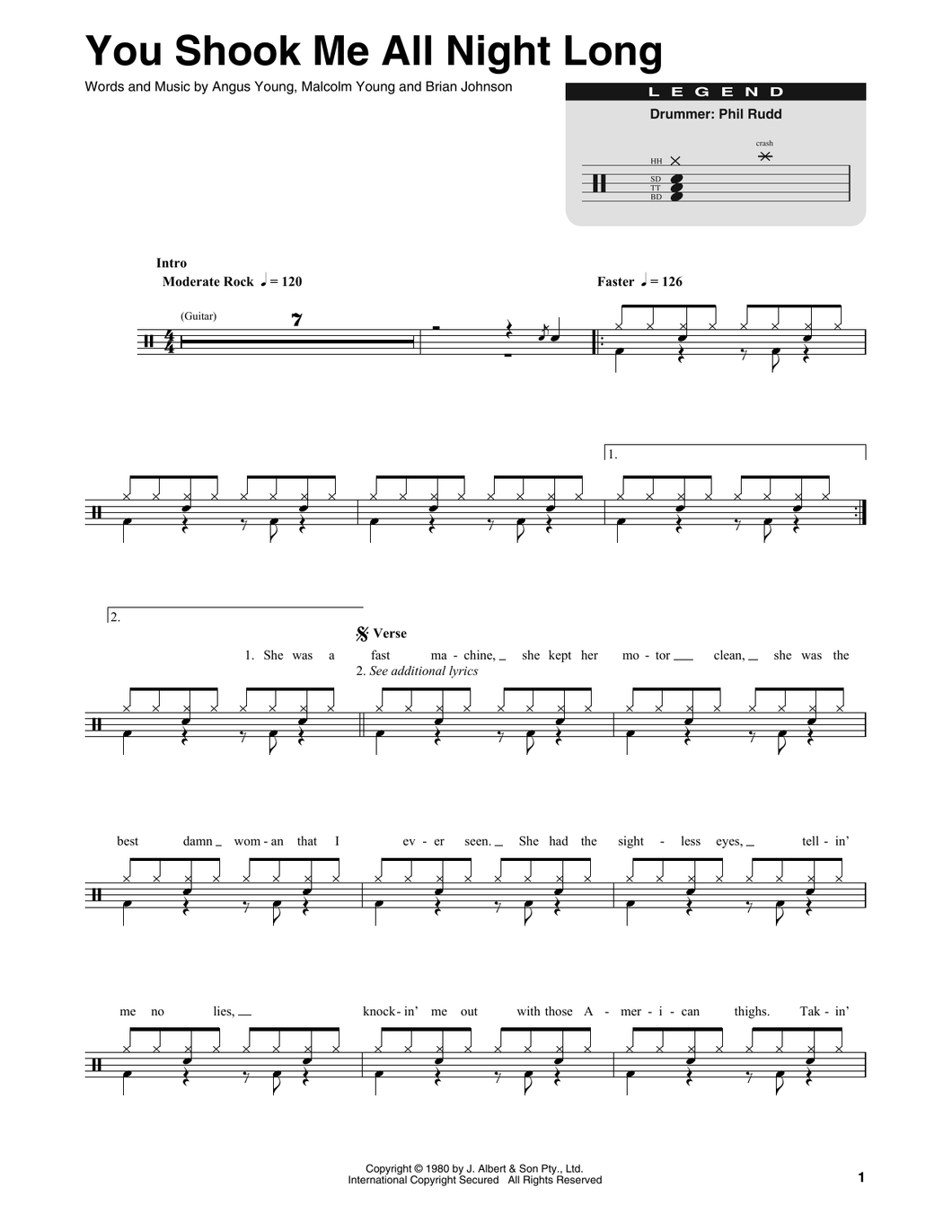 You Shook Me All Night Long - AC/DC - Full Drum Transcription / Drum Sheet Music - SheetMusicDirect DT414587