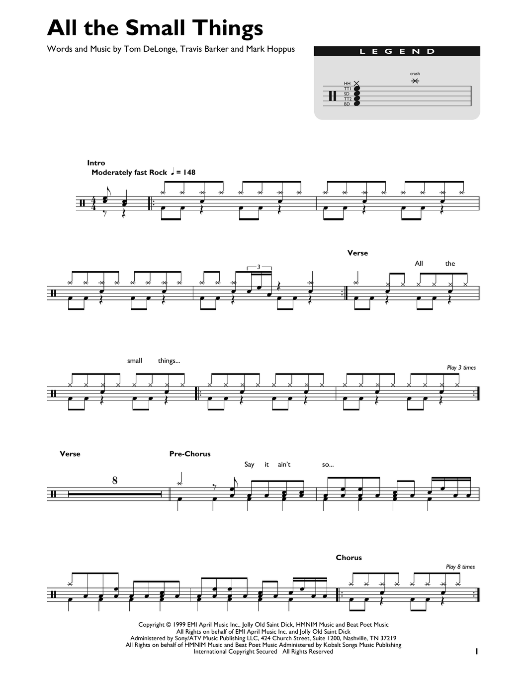 All the Small Things - Blink 182 - Full Drum Transcription / Drum Sheet Music - SheetMusicDirect DT427092