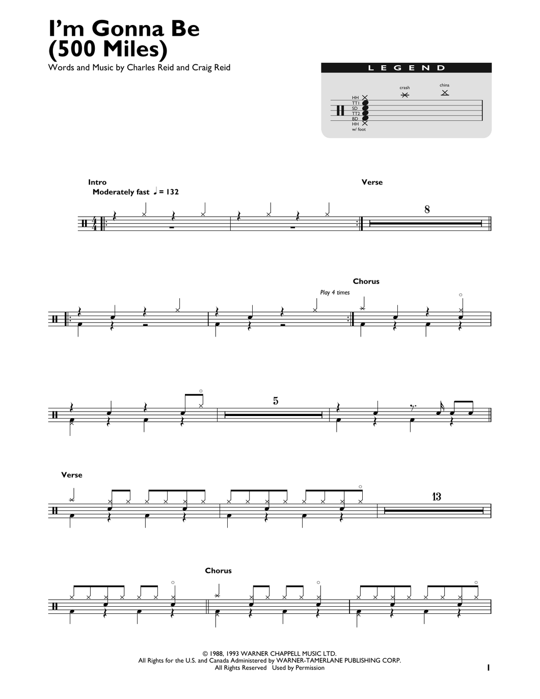 I'm Gonna Be (500 Miles) - The Proclaimers - Full Drum Transcription / Drum Sheet Music - SheetMusicDirect DT