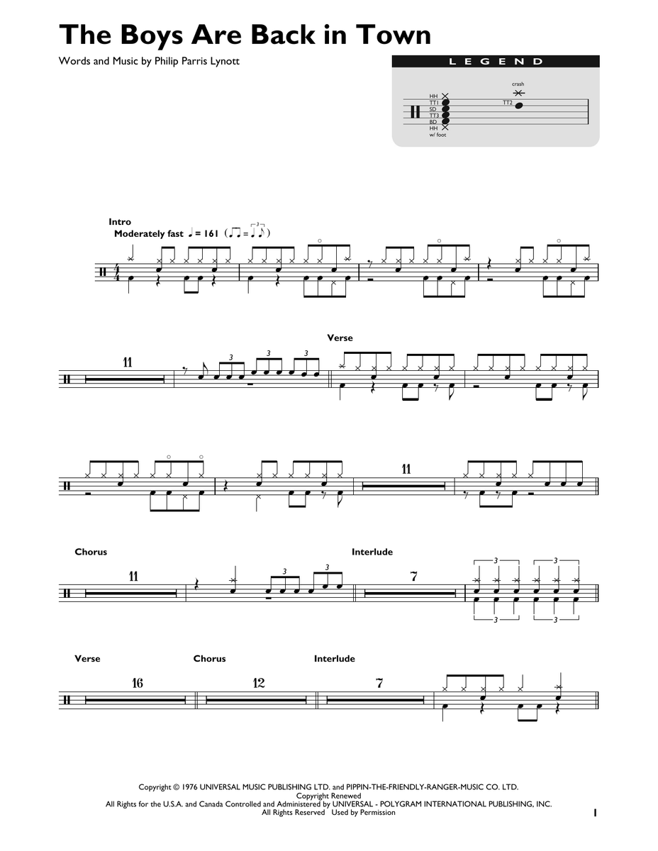 The Boys Are Back in Town - Thin Lizzy - Drum Sheet Music ...