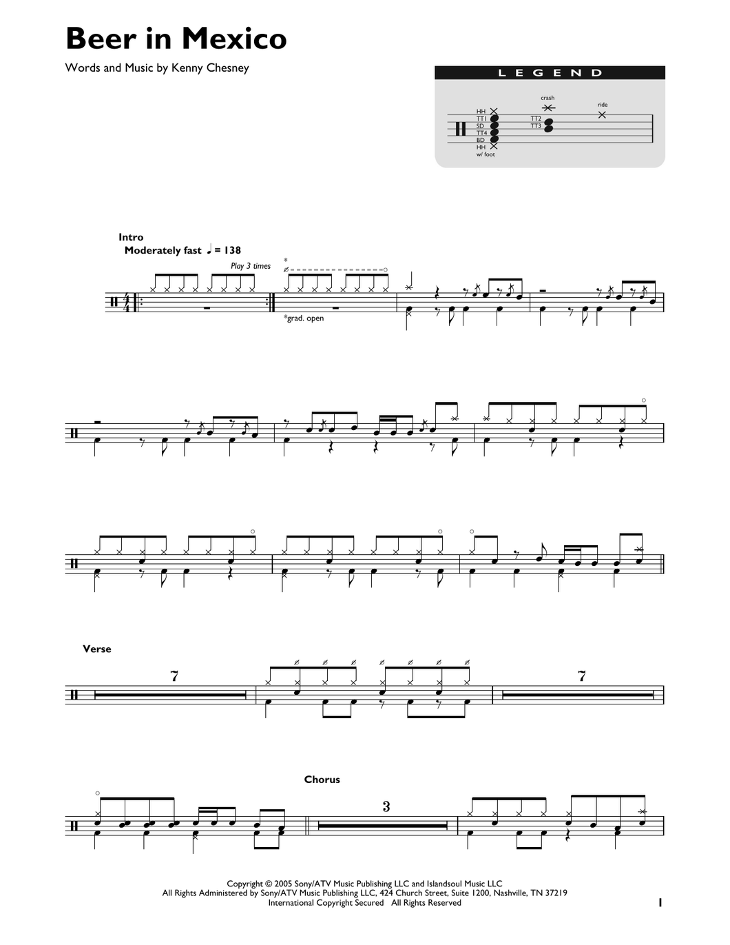 Beer in Mexico - Kenny Chesney - Full Drum Transcription / Drum Sheet Music - SheetMusicDirect DT