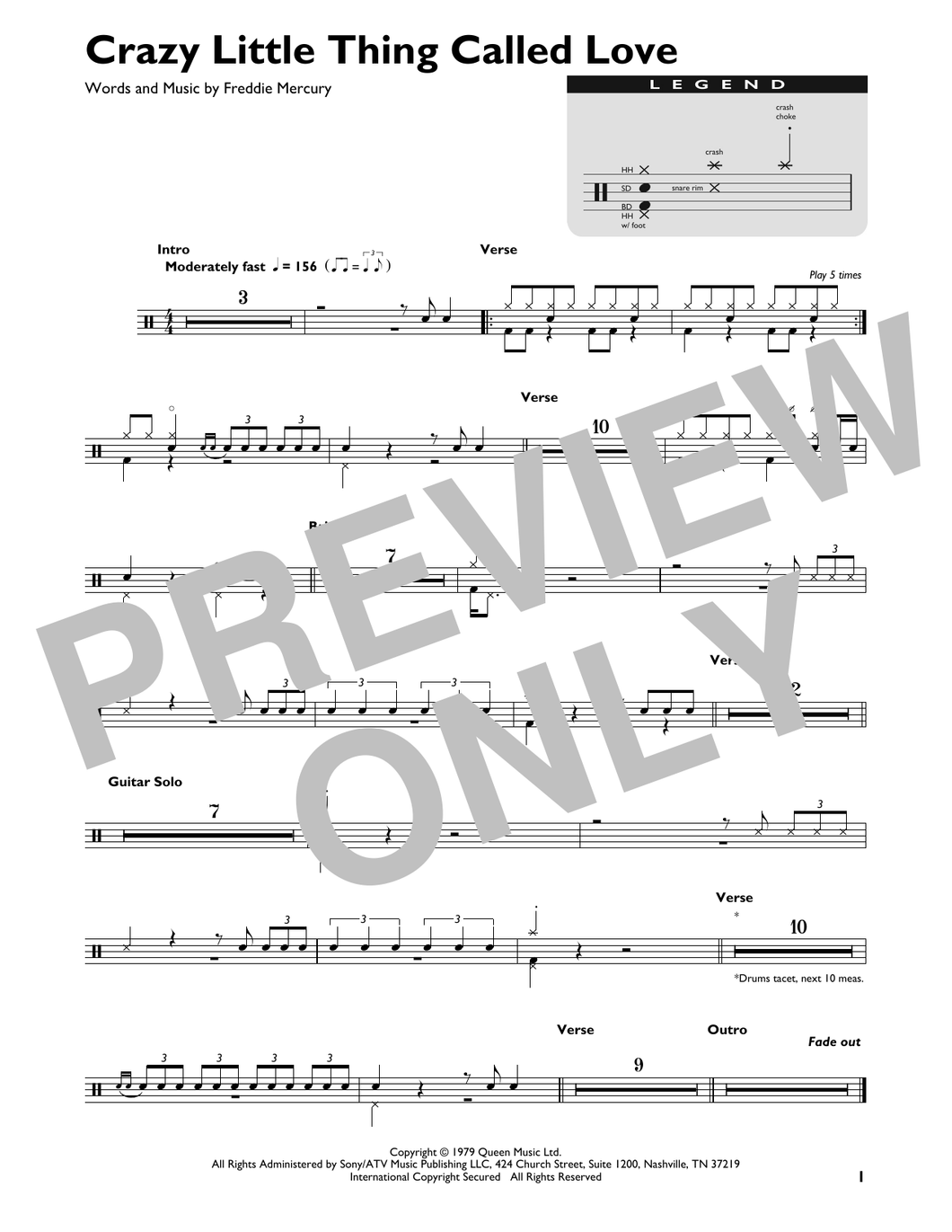 Crazy Little Thing Called Love - Queen - Full Drum Transcription / Drum Sheet Music - SheetMusicDirect DT426864