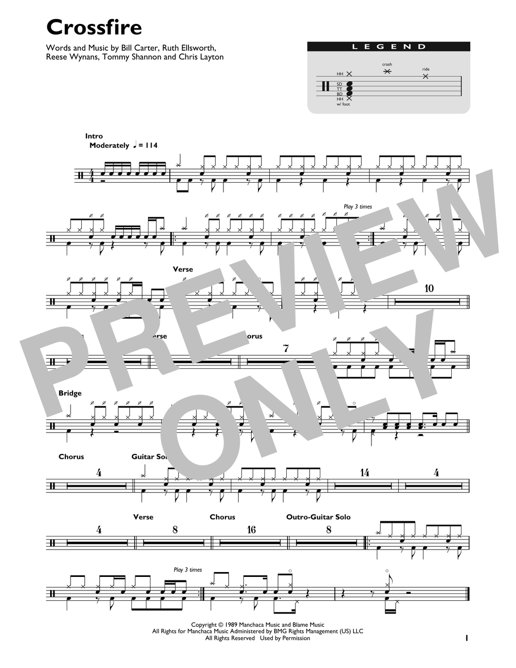Crossfire - Stevie Ray Vaughan - Full Drum Transcription / Drum Sheet Music - SheetMusicDirect DT428442