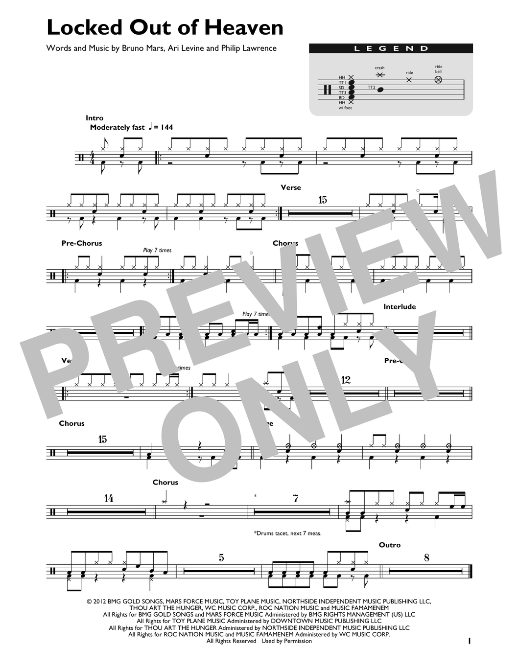 Locked Out of Heaven - Bruno Mars - Full Drum Transcription / Drum Sheet Music - SheetMusicDirect DT422428