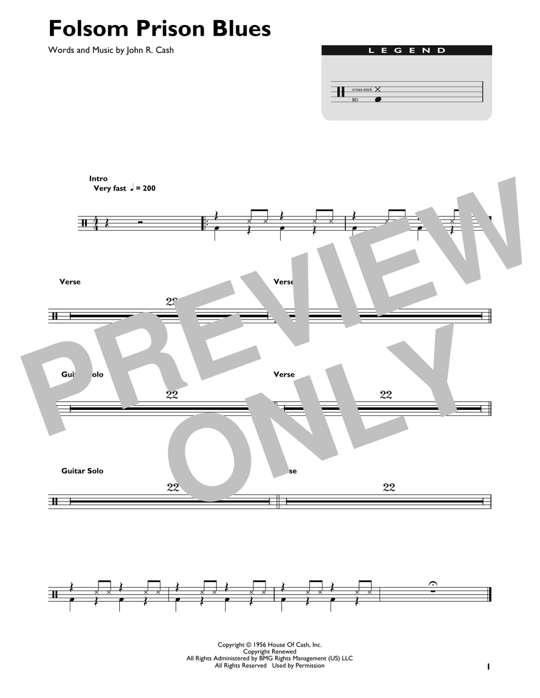 Folsom Prison Blues - Johnny Cash - Full Drum Transcription / Drum Sheet Music - SheetMusicDirect DT