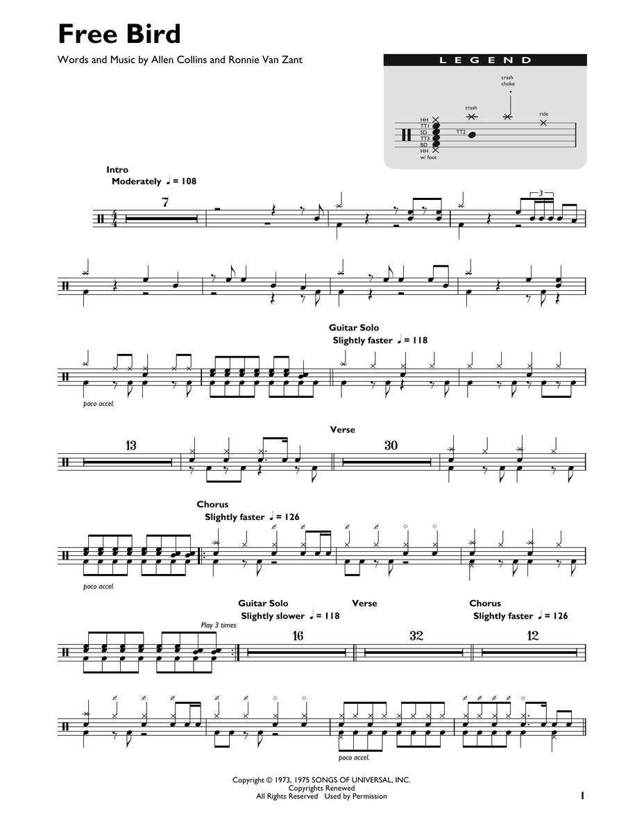 lynyrd skynyrd free bird drum sheet music