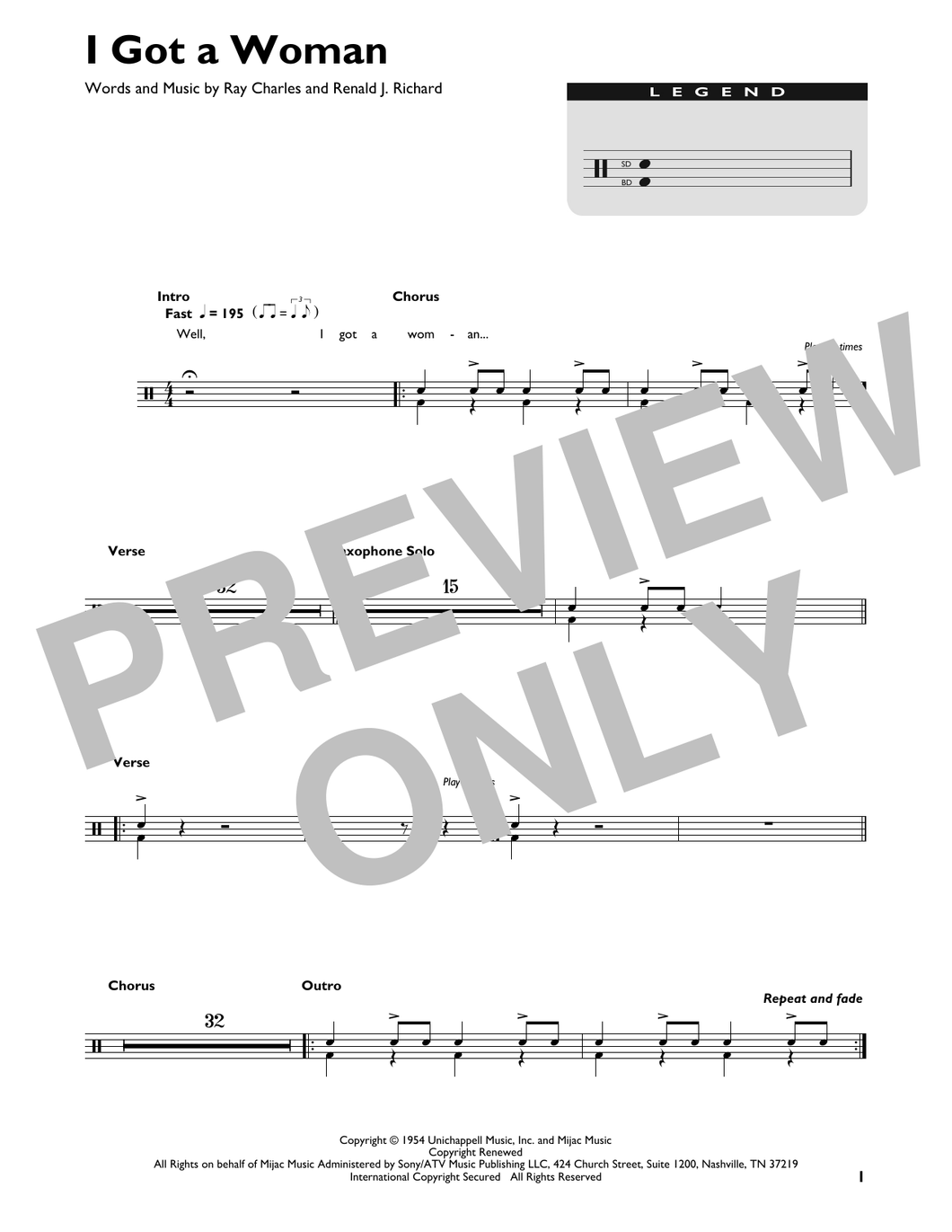I Got a Woman - Ray Charles - Full Drum Transcription / Drum Sheet Music - SheetMusicDirect DT