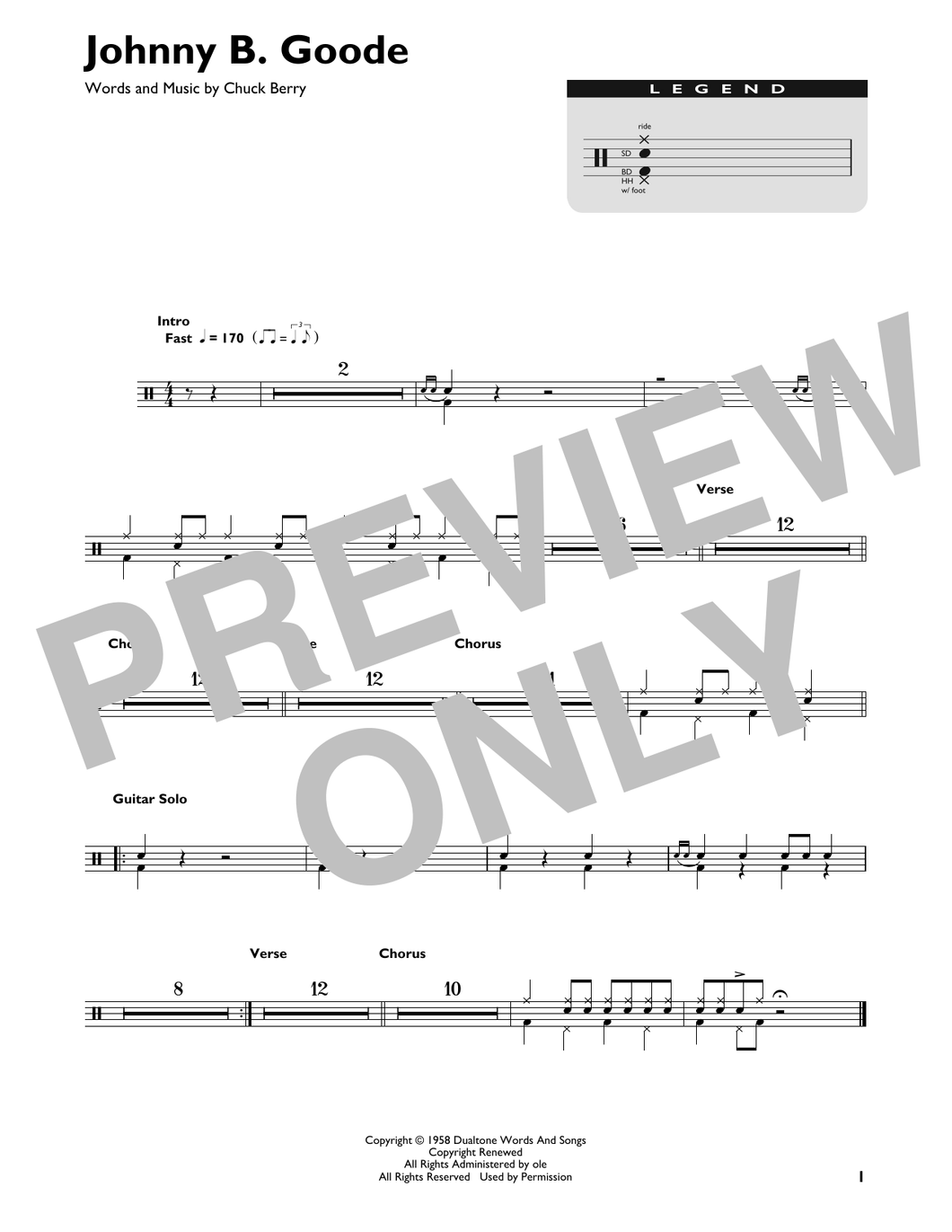 Johnny B. Goode - Chuck Berry - Full Drum Transcription / Drum Sheet Music - SheetMusicDirect DT