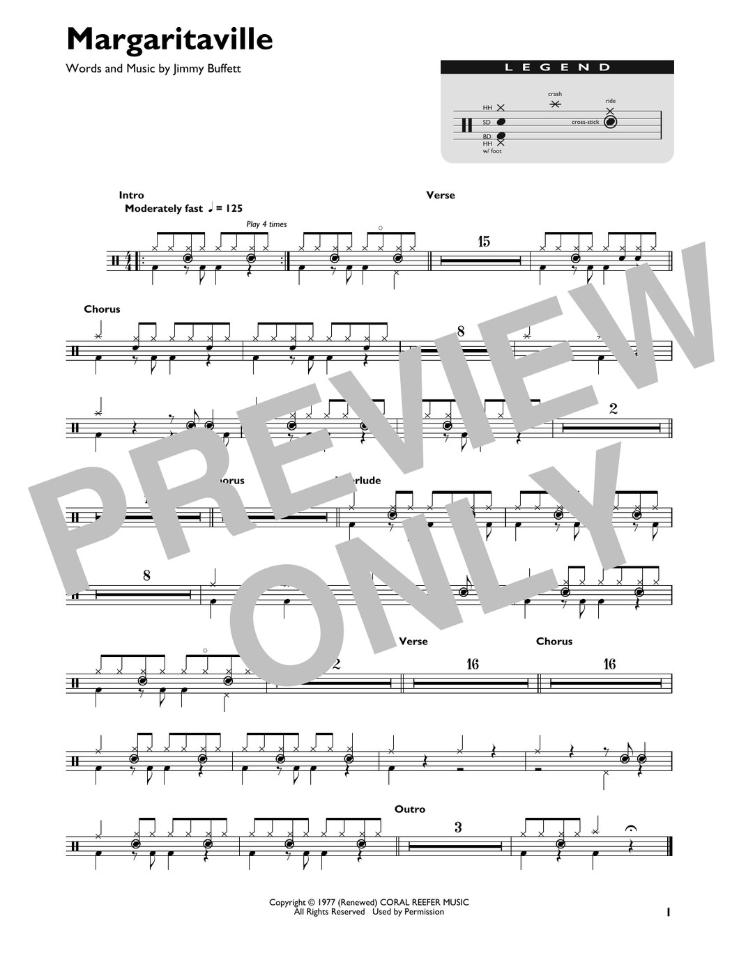 Margaritaville - Jimmy Buffett - Full Drum Transcription / Drum Sheet Music - SheetMusicDirect DT