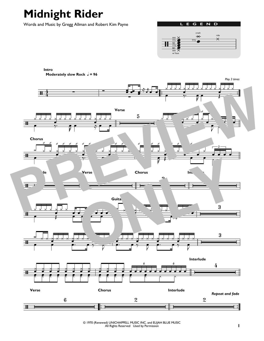 Midnight Rider - The Allman Brothers Band - Full Drum Transcription / Drum Sheet Music - SheetMusicDirect DT
