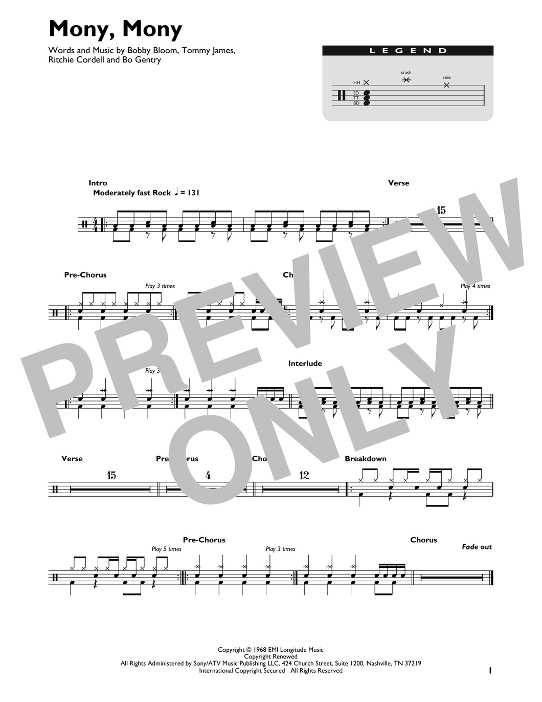 Mony Mony - Tommy James and the Shondells - Full Drum Transcription / Drum Sheet Music - SheetMusicDirect DT