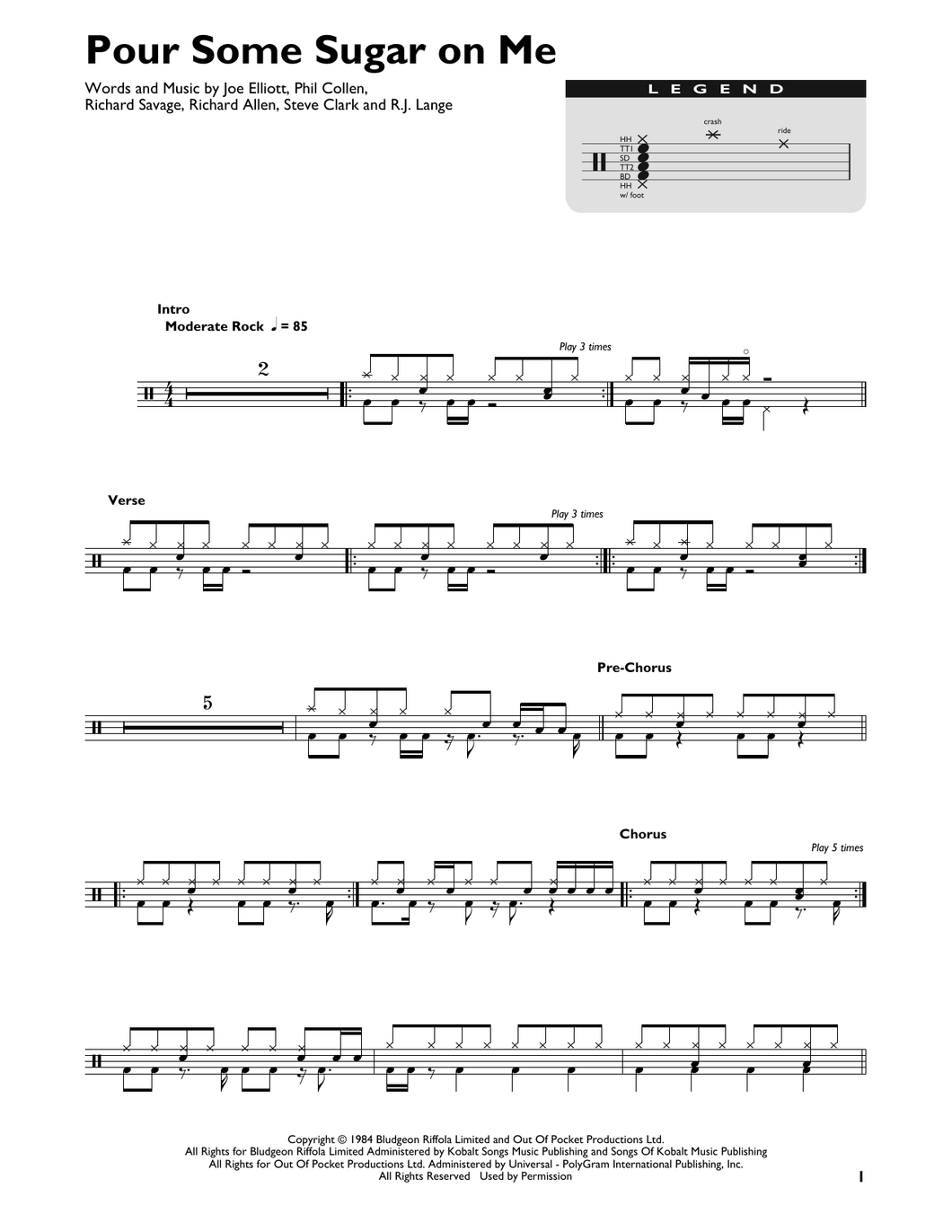 Pour Some Sugar on Me - Def Leppard - Full Drum Transcription / Drum Sheet Music - SheetMusicDirect DT424011