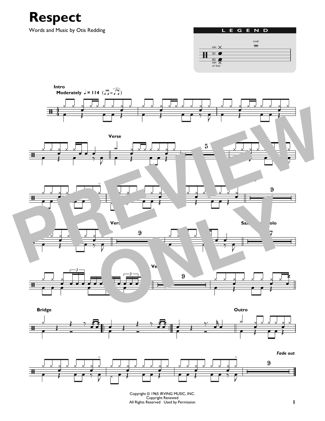 Respect - Aretha Franklin - Full Drum Transcription / Drum Sheet Music - SheetMusicDirect DT