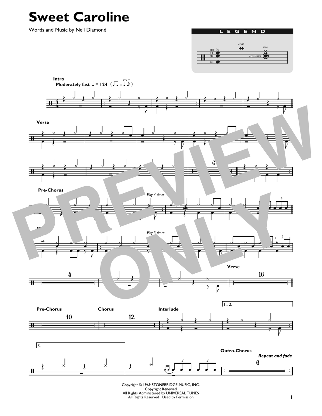 Sweet Caroline - Neil Diamond - Full Drum Transcription / Drum Sheet Music - SheetMusicDirect DT