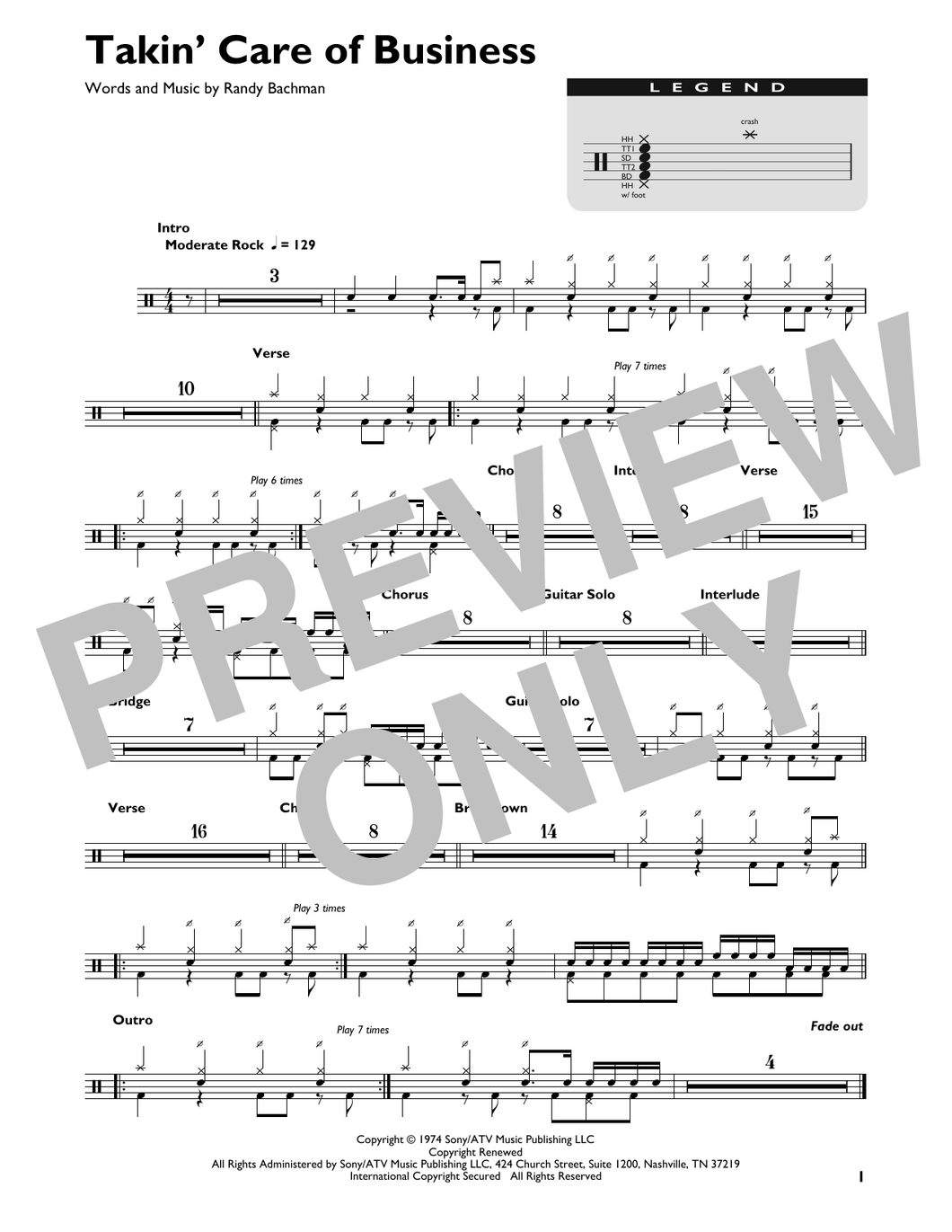 Takin' Care of Business - Bachman Turner Overdrive - Full Drum Transcription / Drum Sheet Music - SheetMusicDirect DT