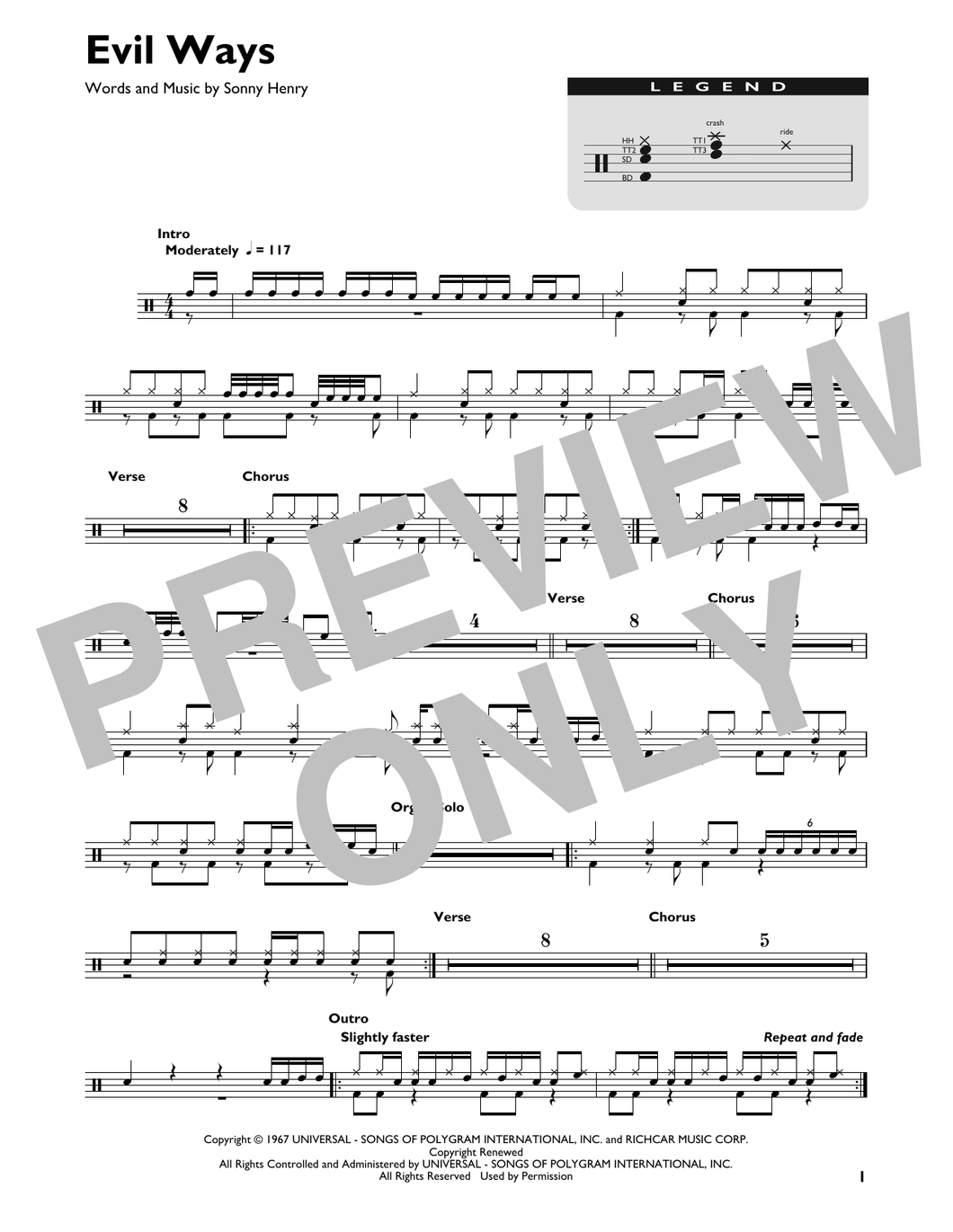 Evil Ways - Santana - Full Drum Transcription / Drum Sheet Music - SheetMusicDirect DT