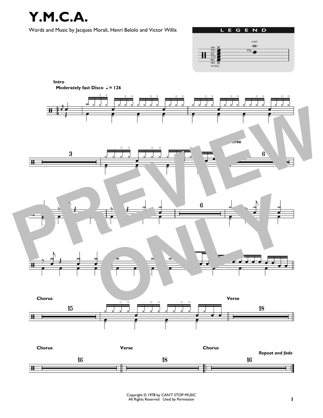 Y.M.C.A. - Village People - Full Drum Transcription / Drum Sheet Music - SheetMusicDirect DT
