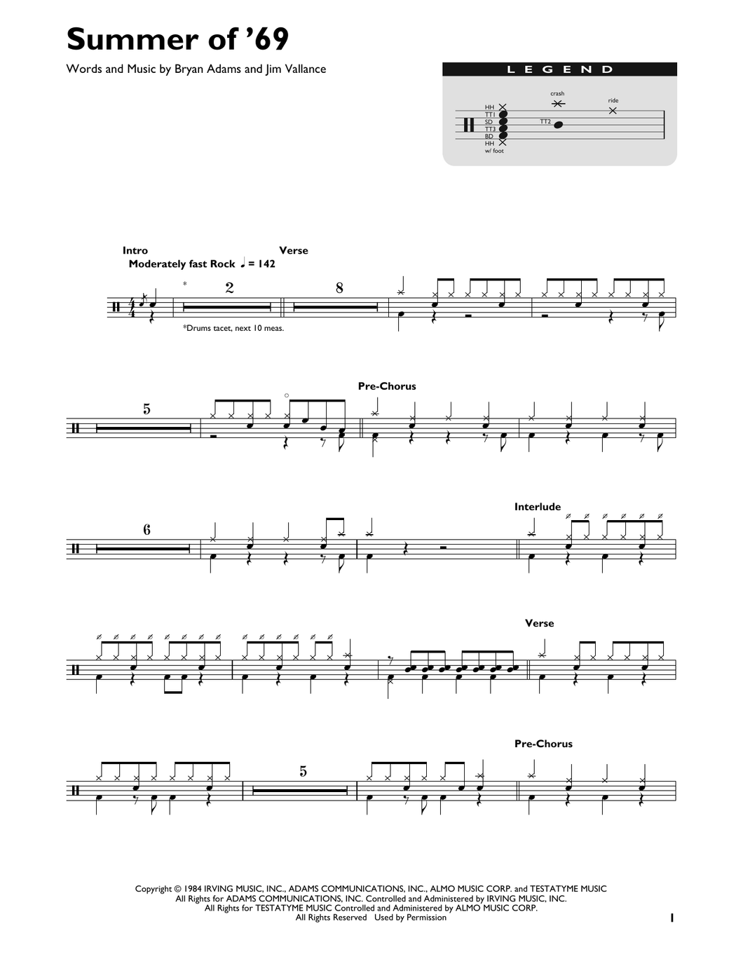 Summer of '69 - Bryan Adams - Full Drum Transcription / Drum Sheet Music - SheetMusicDirect DT