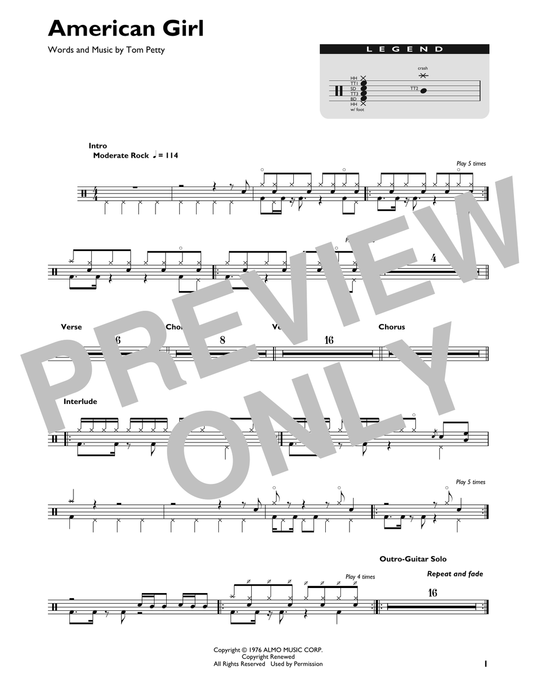 American Girl - Tom Petty and the Heartbreakers - Full Drum Transcription / Drum Sheet Music - SheetMusicDirect DT