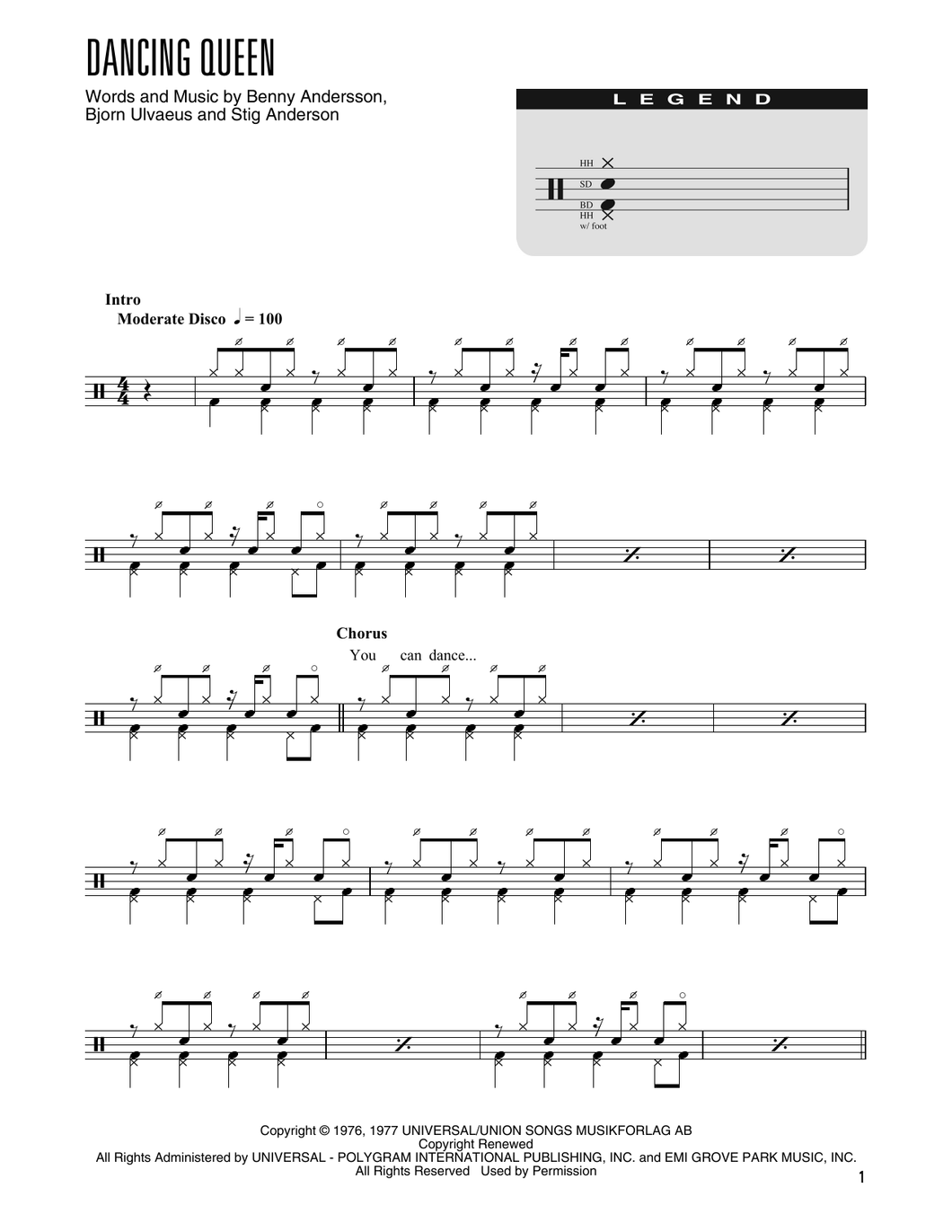 Dancing Queen - ABBA - Simplified Drum Transcription / Drum Sheet Music - SheetMusicDirect DT