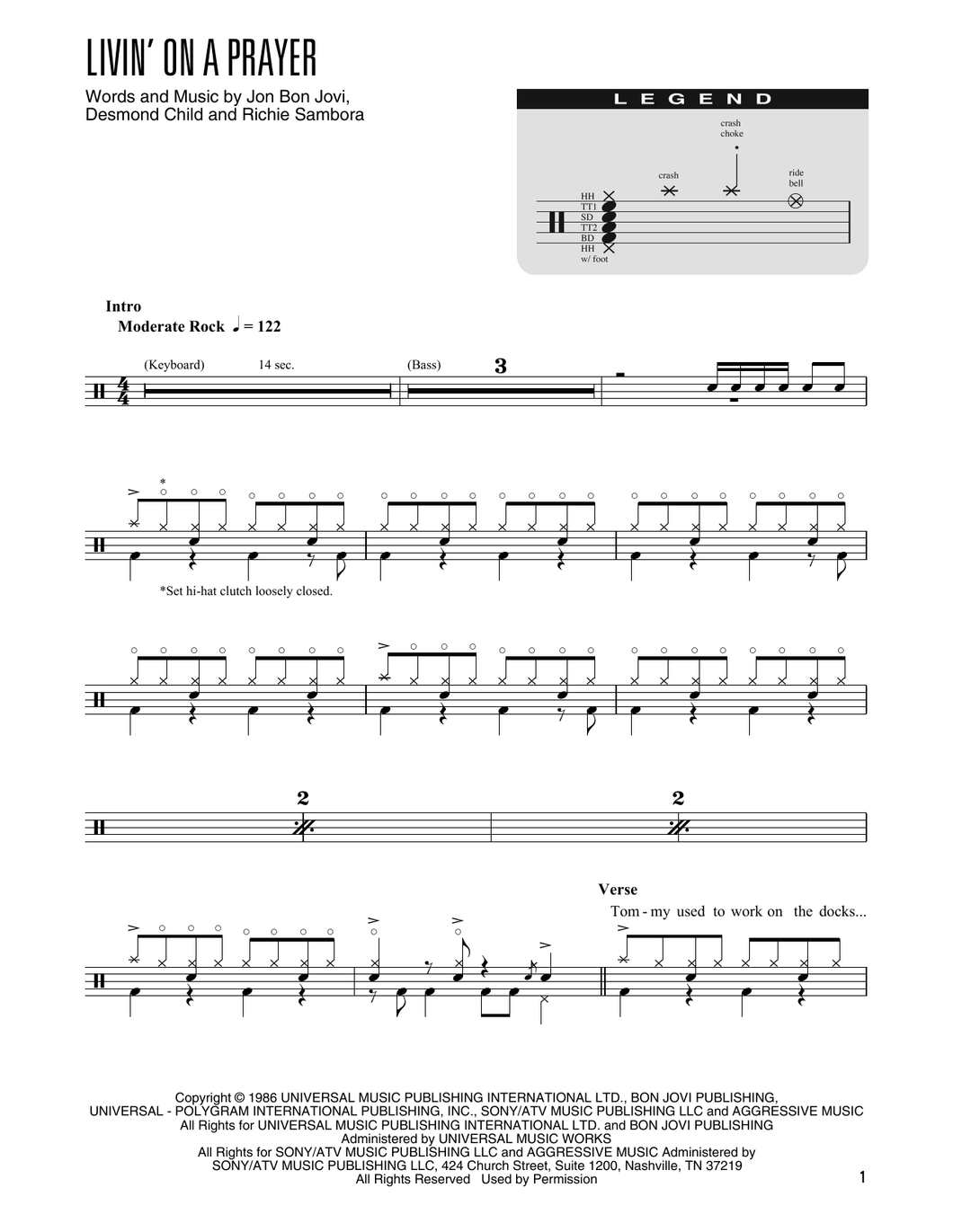 Livin' on a Prayer - Bon Jovi - Simplified Drum Transcription / Drum Sheet Music - SheetMusicDirect DT