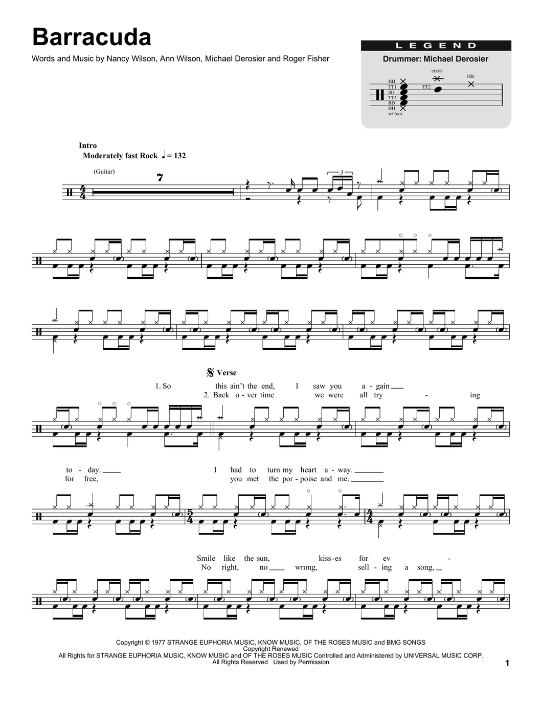 Barracuda - Heart - Full Drum Transcription / Drum Sheet Music - SheetMusicDirect DT