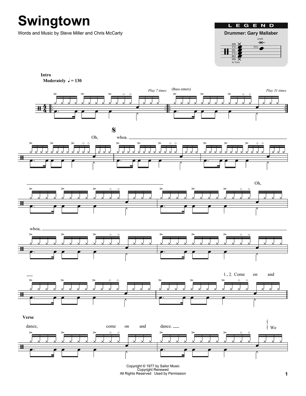 Swingtown - Steve Miller Band - Full Drum Transcription / Drum Sheet Music - SheetMusicDirect DT