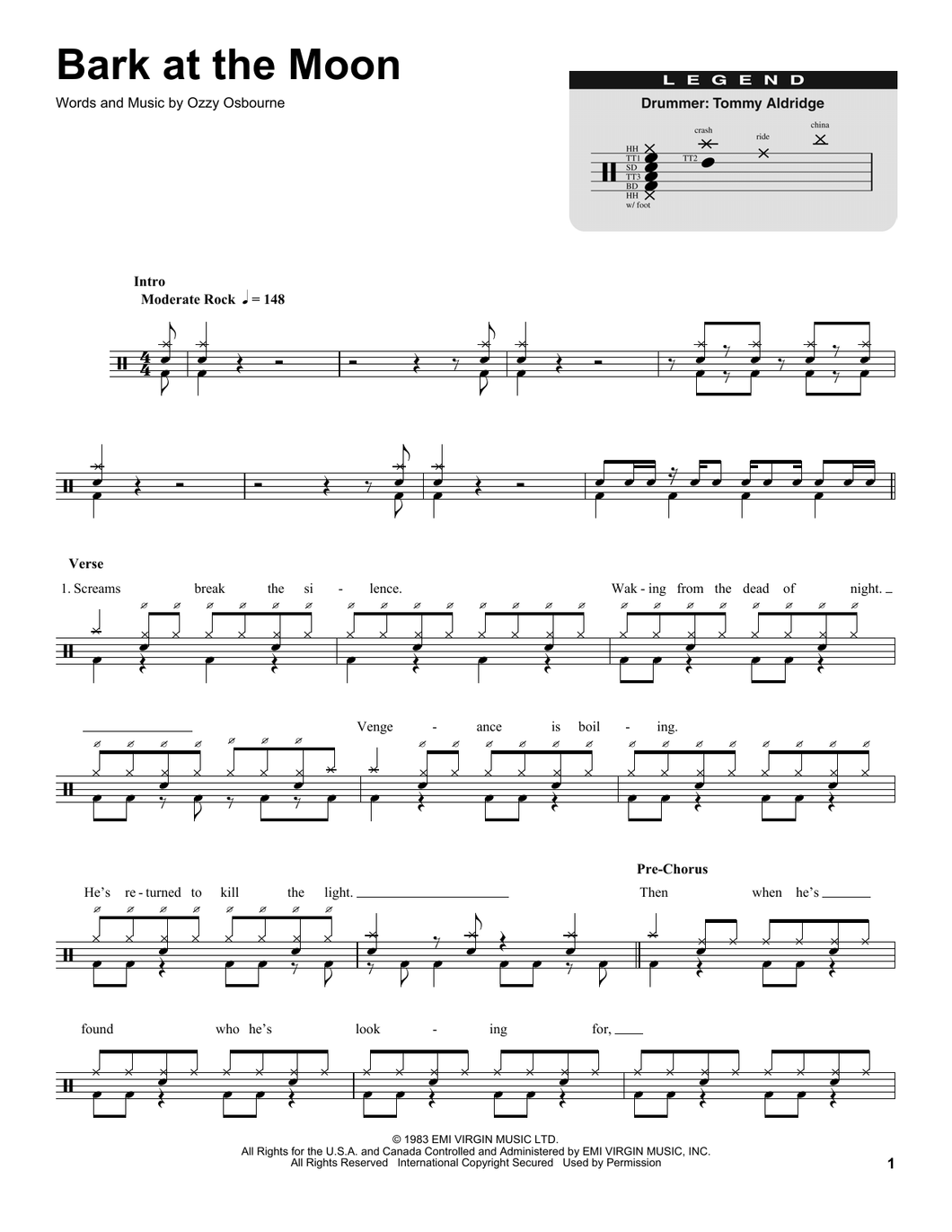 Bark At The Moon - Ozzy Osbourne - Drum Sheet Music