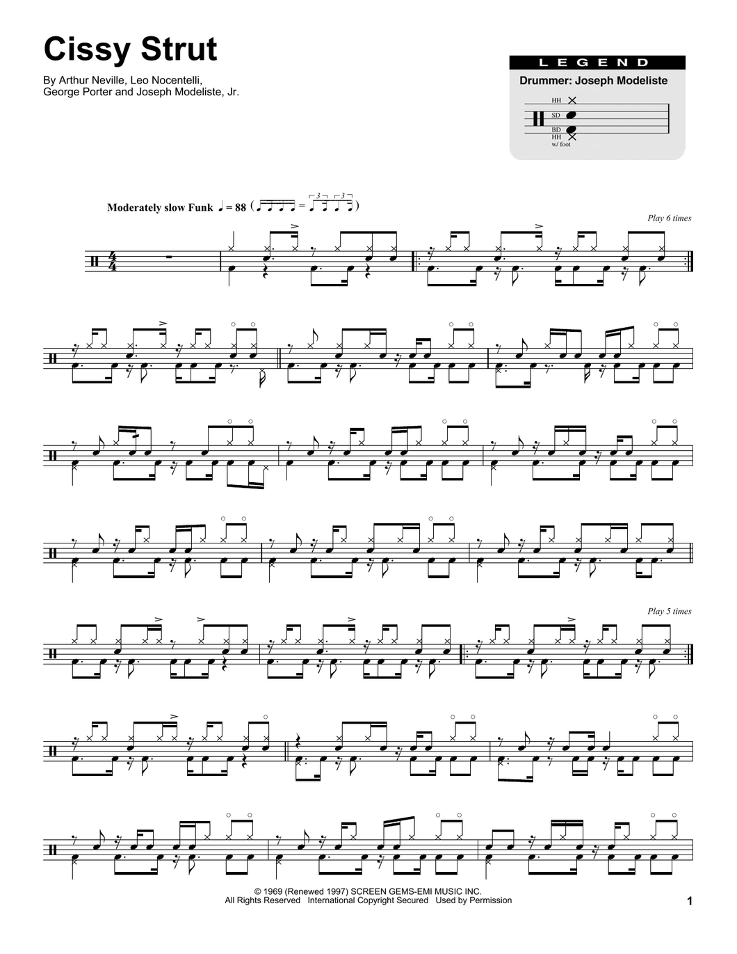 Cissy Strut - The Meters - Full Drum Transcription / Drum Sheet Music - SheetMusicDirect DT174634