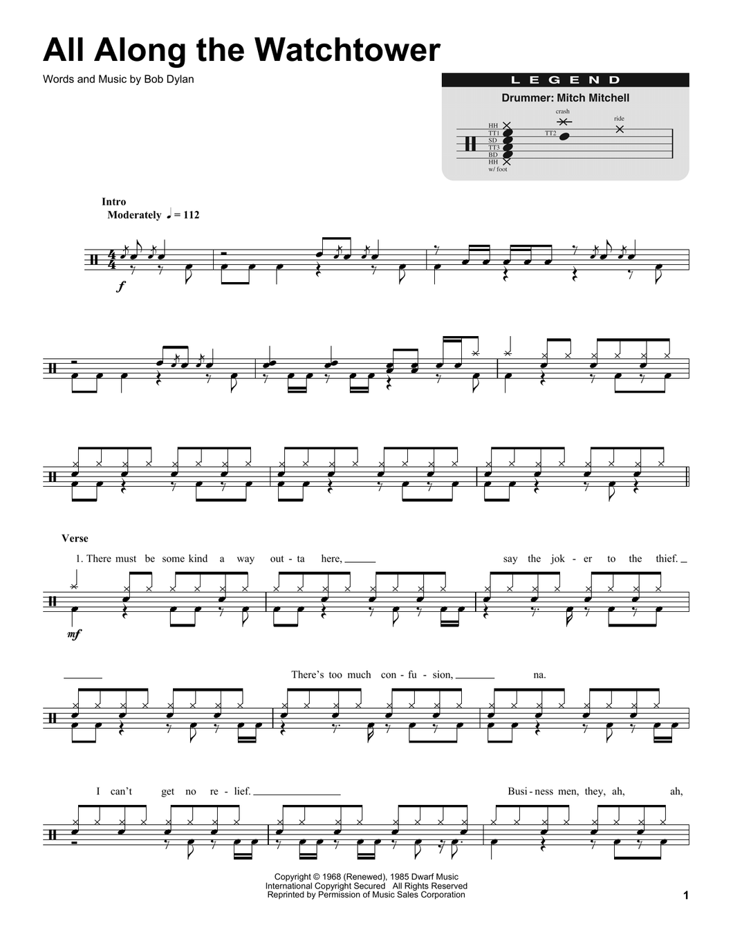 All Along The Watchtower - Jimi Hendrix - Full Drum Transcription / Drum Sheet Music - SheetMusicDirect DT
