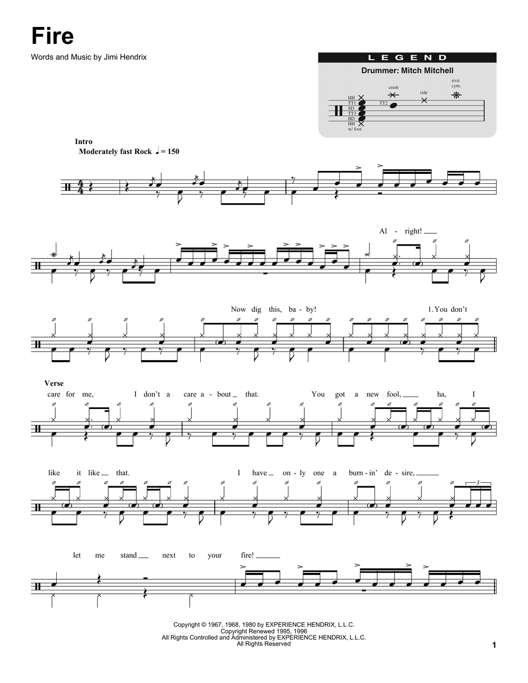 Fire - The Jimi Hendrix Experience - Full Drum Transcription / Drum Sheet Music - SheetMusicDirect DT