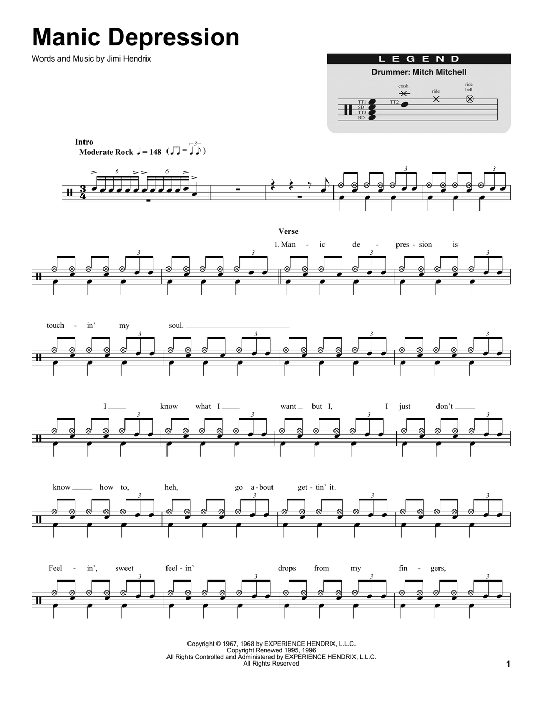 Manic Depression - Jimi Hendrix - Full Drum Transcription / Drum Sheet Music - SheetMusicDirect DT