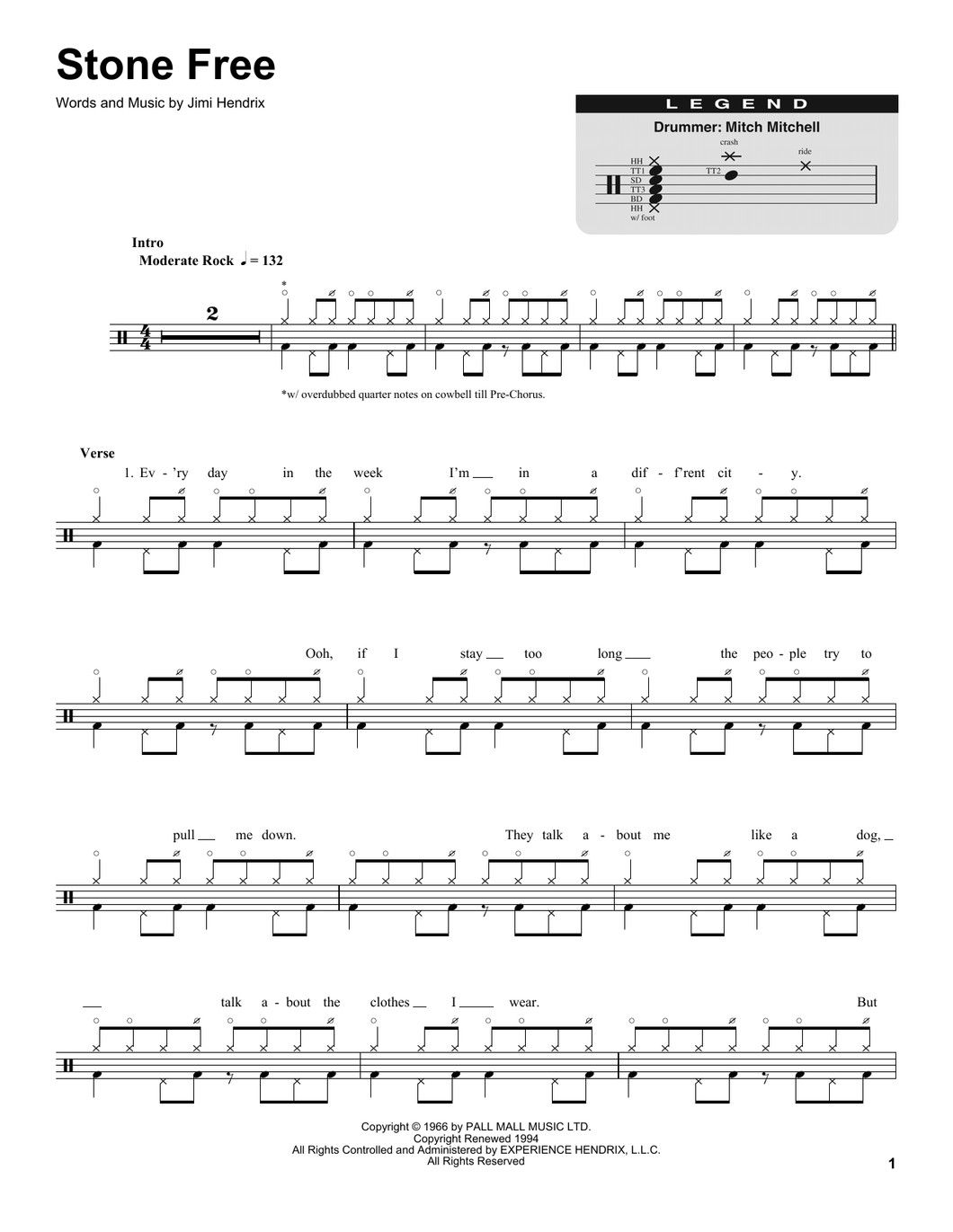 Stone Free - Jimi Hendrix - Full Drum Transcription / Drum Sheet Music - SheetMusicDirect DT