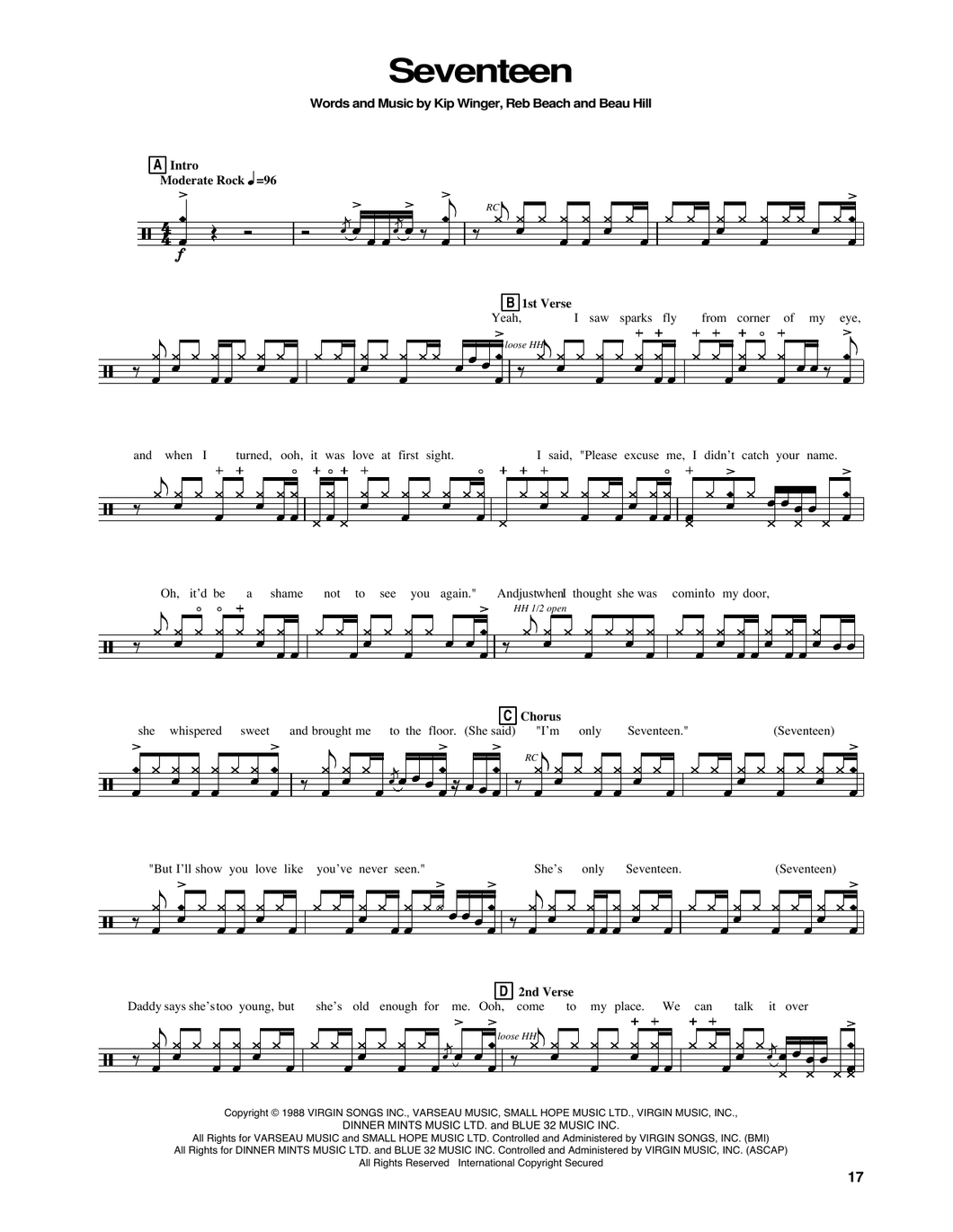 Seventeen - Winger - Full Drum Transcription / Drum Sheet Music - SheetMusicDirect DT