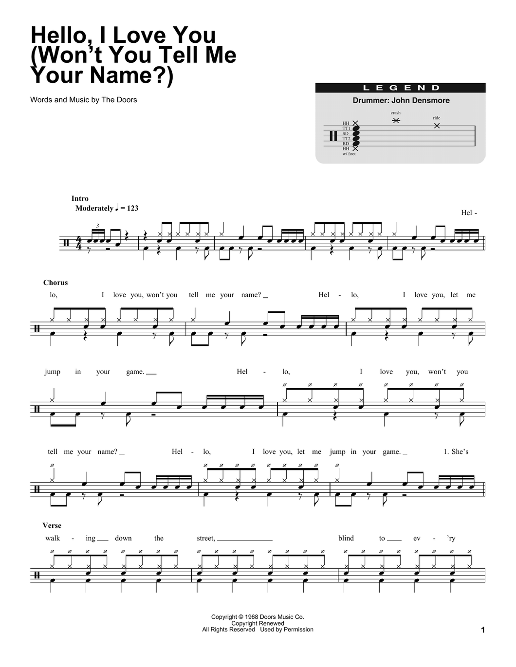 Hello, I Love You (Won't You Tell Me Your Name?) - The Doors - Full Drum Transcription / Drum Sheet Music - SheetMusicDirect DT