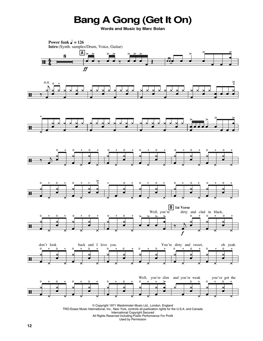 Bang a Gong (Get It On) - Power Station - Full Drum Transcription / Drum Sheet Music - SheetMusicDirect DT