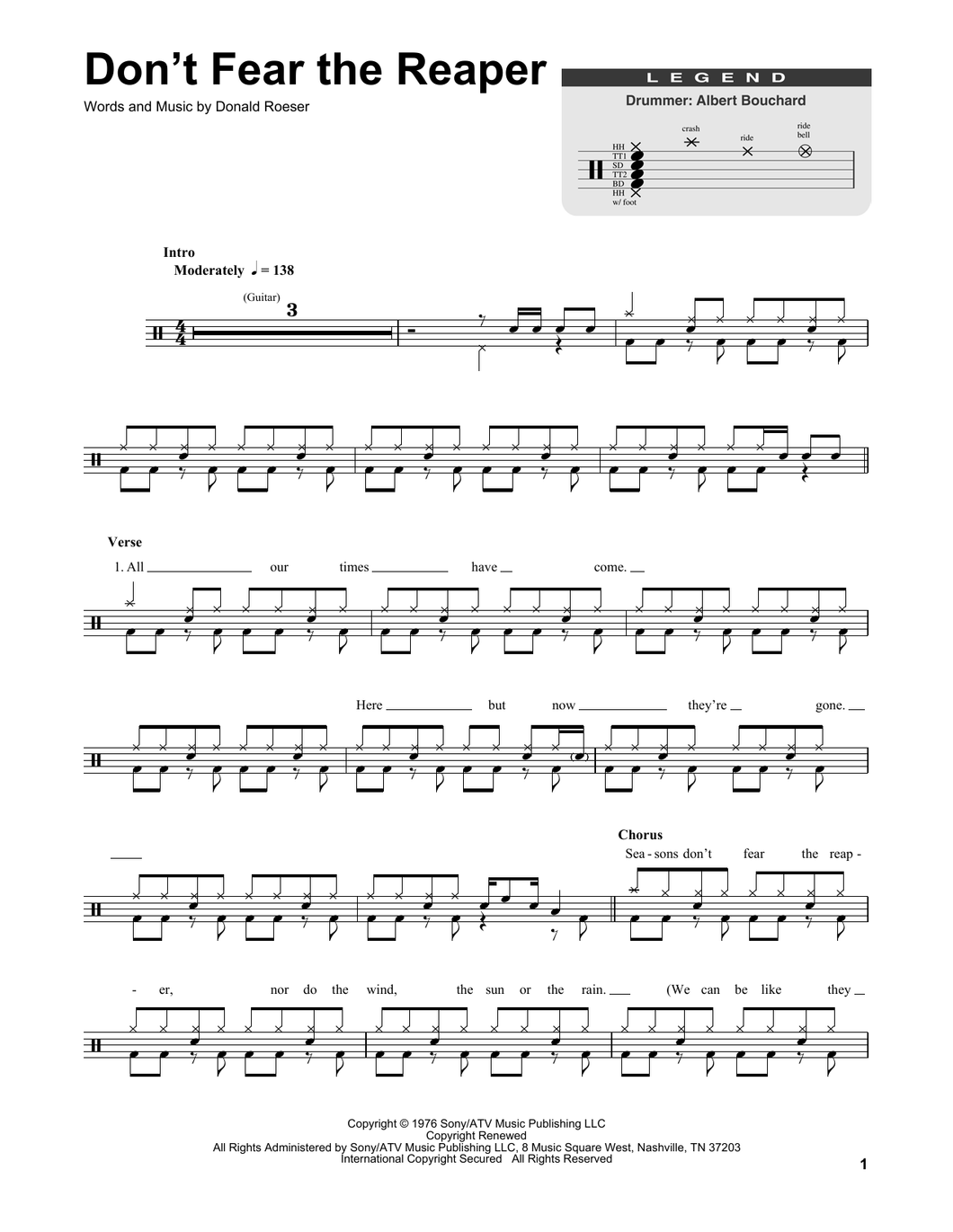 (Don't Fear) the Reaper - Blue Oyster Cult - Full Drum Transcription / Drum Sheet Music - SheetMusicDirect DT175028