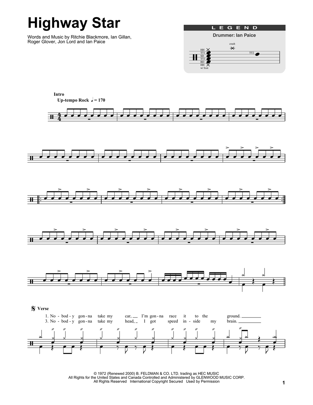 Highway Star - Deep Purple - Full Drum Transcription / Drum Sheet Music - SheetMusicDirect DT175045