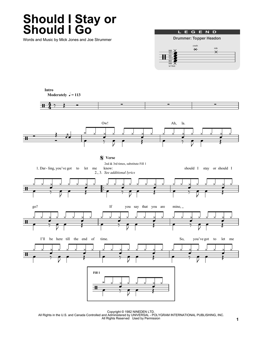 Should I Stay or Should I Go - The Clash - Full Drum Transcription / Drum Sheet Music - SheetMusicDirect DT175153