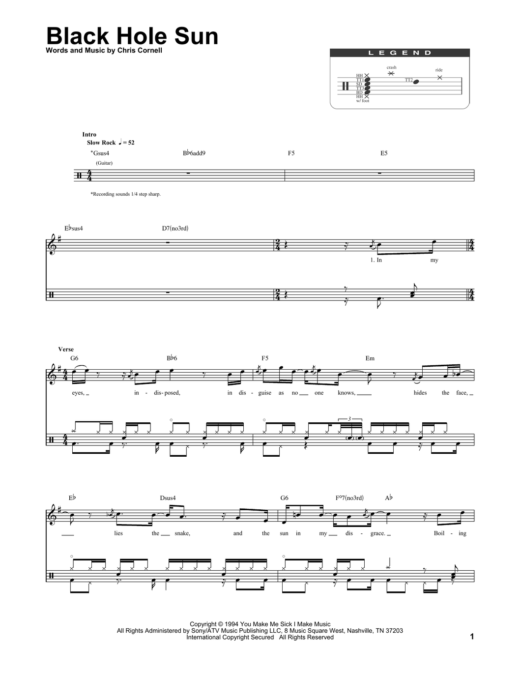 Black Hole Sun - Soundgarden - Full Drum Transcription / Drum Sheet Music - SheetMusicDirect DT174295