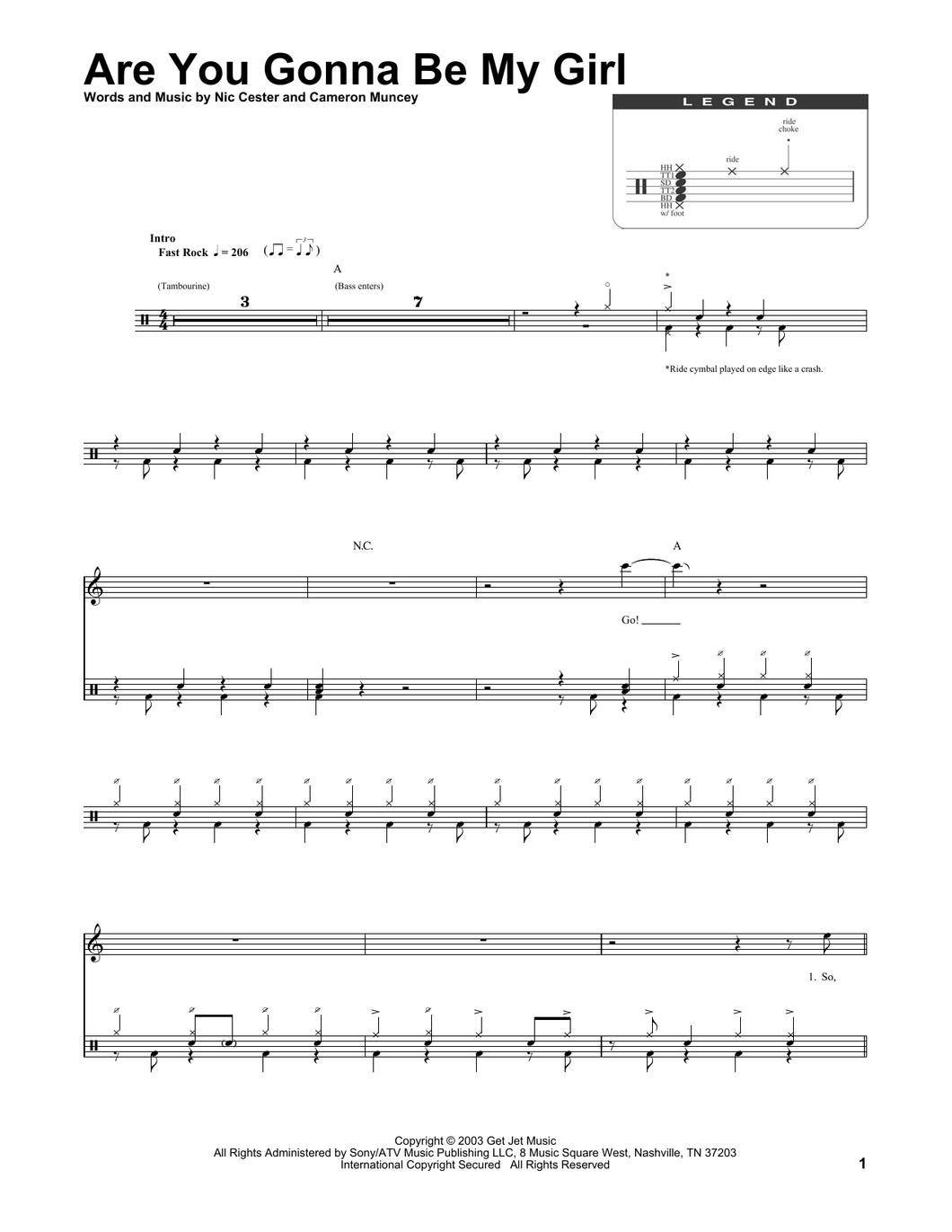 Are You Gonna Be My Girl - Jet - Full Drum Transcription / Drum Sheet Music - SheetMusicDirect DT174280