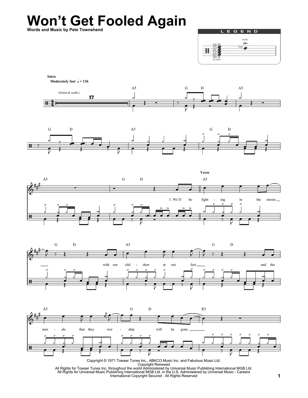 Won't Get Fooled Again - The Who - Full Drum Transcription / Drum Sheet Music - SheetMusicDirect DT174260