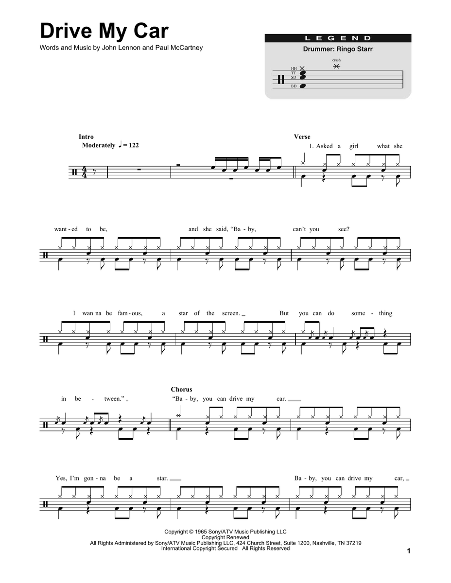 Drive My Car - The Beatles - Drum Sheet Music - SheetMusicDirect DT ...