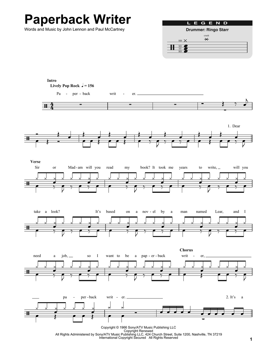 Paperback Writer - The Beatles - Full Drum Transcription / Drum Sheet Music - SheetMusicDirect DT